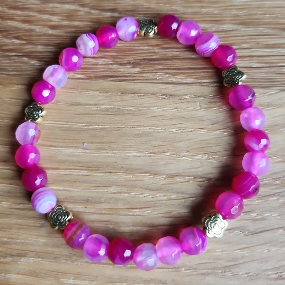 Pink Botswana Agate Beads Bracelet, Hand Crafted, Stretch - Picture 4 of 10